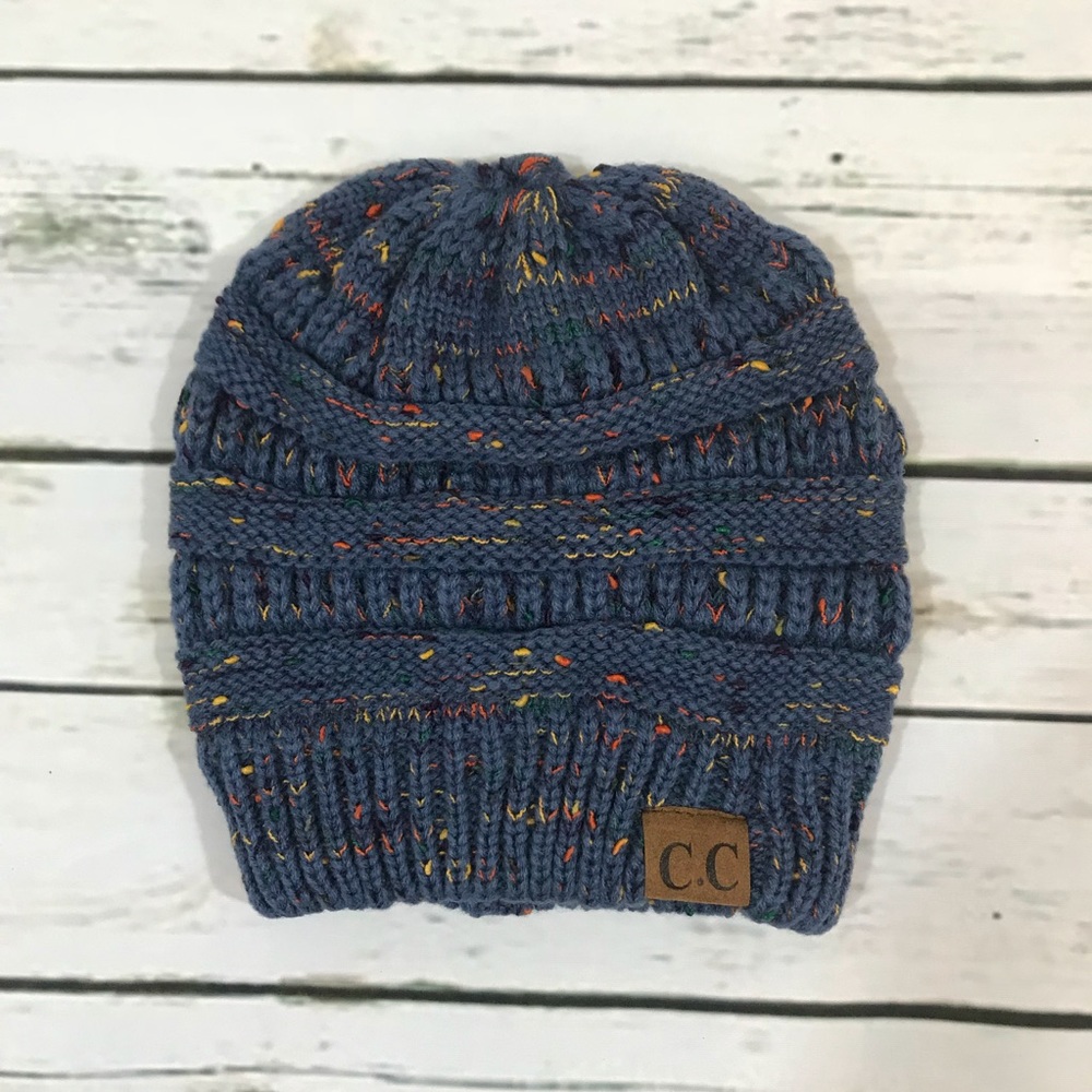 CC Soft Knit Speckled Dark Blue Ponytail Beanie - Picture 3 of 5